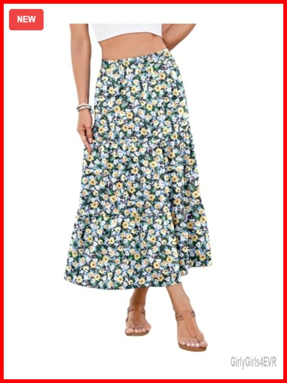 Women's Boho Tiered A-Line Maxi Skirt with Pockets Elastic High Waist